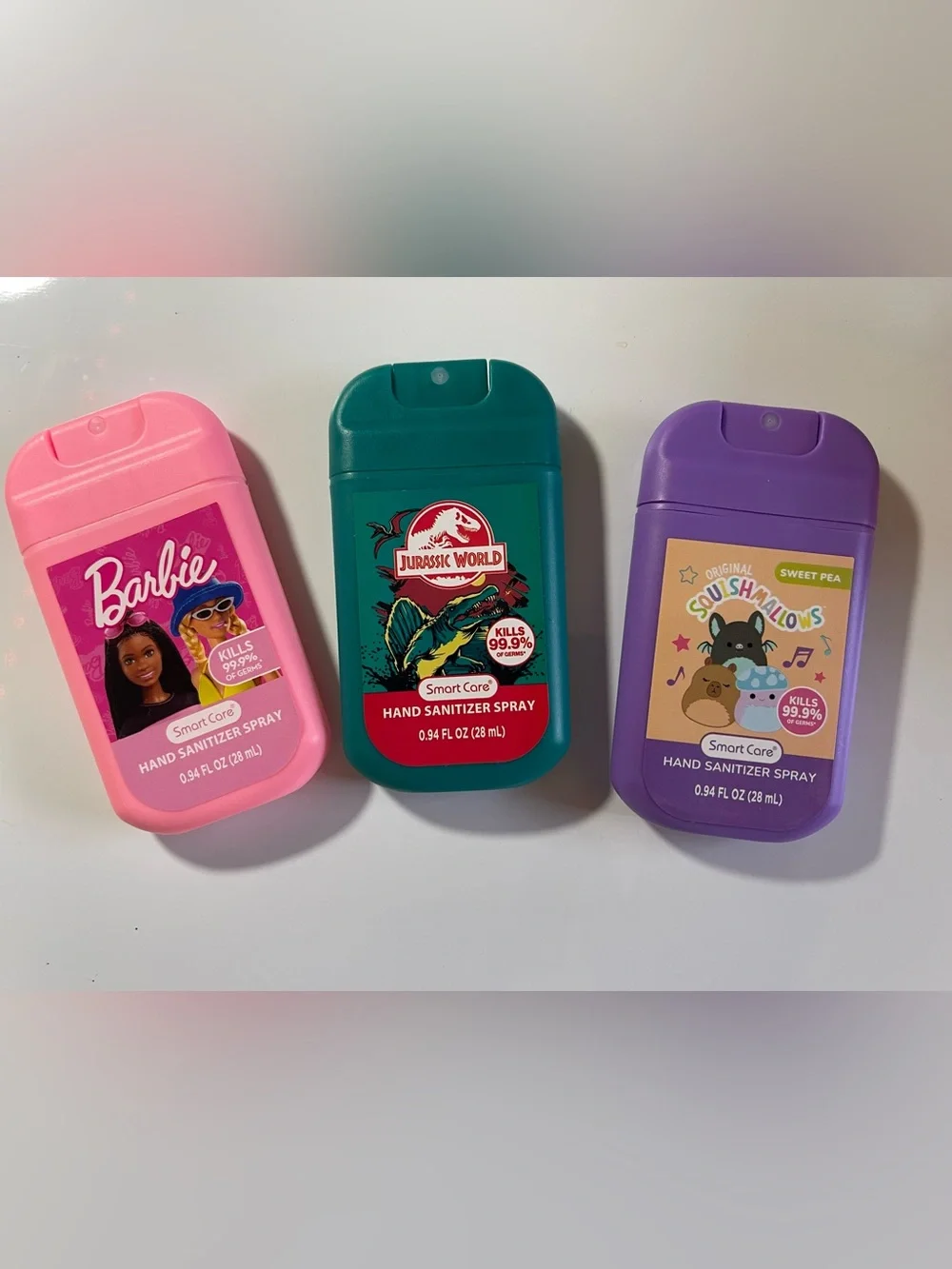 Lot of 3 Jurassic World, Barbie & Squishmallows Hand Sanitizer Spray Set 0.94 oz